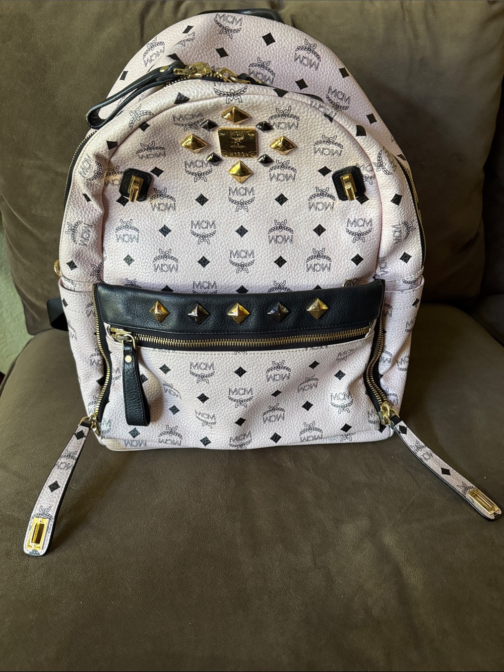 MCM Pink Monogram Studded Backpack with Black Trim